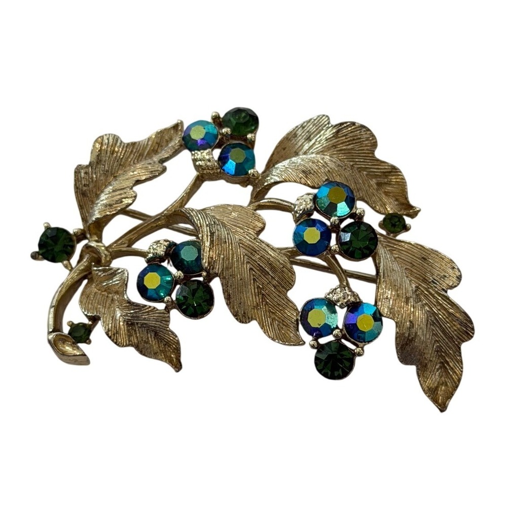 Vintage Lisner Green Blue Peacock AB Rhinestone Gold Toned Leaf Brooch Pin